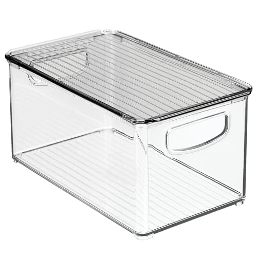 mDesign Plastic Deep Storage Bin Box Container with Lid and Built-In Handles - Organization for Fruit, Snacks, or Food in Kitchen Pantry, Cabinet, Cupboard, Ligne Collection, 4 Pack, Clear/Smoke Gray