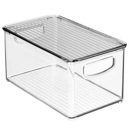 mDesign Plastic Deep Storage Bin Box Container with Lid and Built-In Handles - Organization for Fruit, Snacks, or Food in Kitchen Pantry, Cabinet, Cupboard, Ligne Collection, 4 Pack, Clear/Smoke Gray
