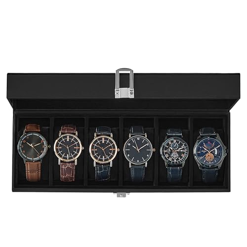 SONGMICS Watch Box, 6-Slot Watch Case Organizer with Large Glass Lid, Removable Pillows, Fathers Day Gift for Dad, Black Synthetic Leather, Black Lining UJWB06B01 - color: Black + Black, size: 6 Slot