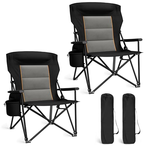 ALPHA CAMP Heavy Duty Camping Chairs with Cup Holder Oversized Folding Chair 500LBS Capacity Outdoor Chair with Headrest,Lawn with Side Pocket for Lawn, Sports and Fishing - color: Black, size: 2PC
