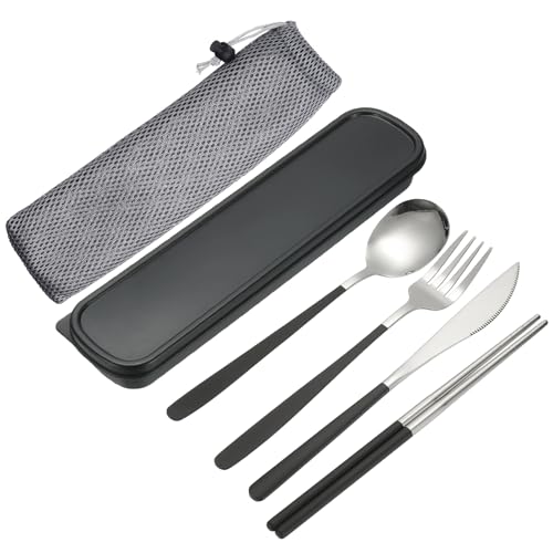 uxcell Travel Utensils with Case, Stainless Steel Portable Silverware, Black/Silver - color: Black/Silver