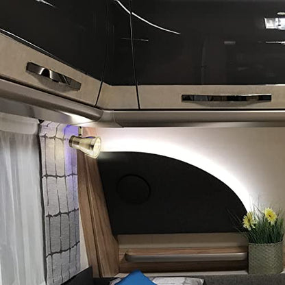 THALASSA RV Overhead Reading Light 12V LED Spotlight Camper Motorhome Interior Warm Light Brushed Nickel with Blue Small Reminder Light, Adjustable Touch Dimmer Switch 3W DC 10-30V - color: Brushed Nickel Finish