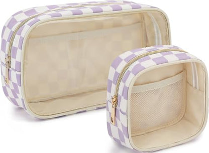 Fammart Clear Travel Makeup Bag for Women, TSA Approved Checkered Cosmetic Bag Make Up Car Organizer Case with Zipper, Large Waterproof Pouch Purse Toiletry Bag for Skincare, Brushes Travel Essentials - color: Clear, 2PCS - Purple Checkered