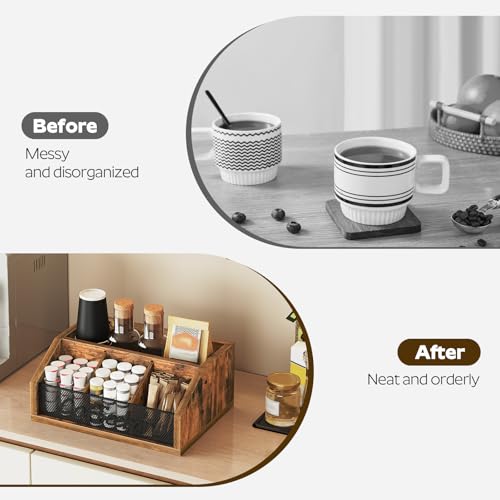 YATINEY Coffee Pod Organizer, Wooden Coffee Bar Organizer for Countertop, Versatile Pod Holder with Dividers, Holds Syrup, Cups, Tea Bags, Easy Assembly, Rustic Brown KH11BR - color: Rustic Brown + Black
