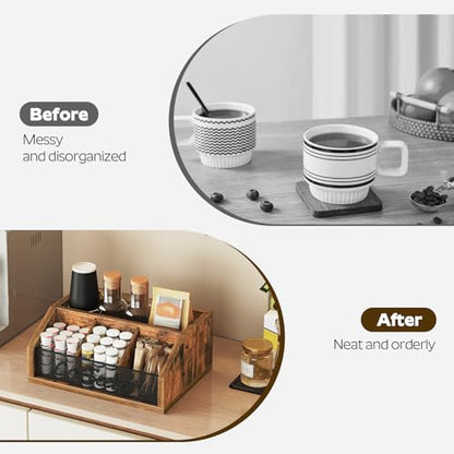 YATINEY Coffee Pod Organizer, Wooden Coffee Bar Organizer for Countertop, Versatile Pod Holder with Dividers, Holds Syrup, Cups, Tea Bags, Easy Assembly, Rustic Brown KH11BR - color: Rustic Brown + Black