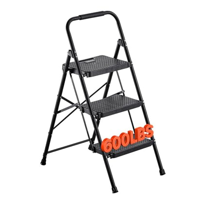 VEVOR 3 Step Ladder, Folding Step Stool with Wide Anti-Slip Pedal and Comfort Handgrip, Lightweight 600 lbs Capacity Portable Steel Ladder, Multi-Use for Kitchen, Home, Household and Office, Black - size: 18.3 x 28.7 x 40.7 in(Expanded)