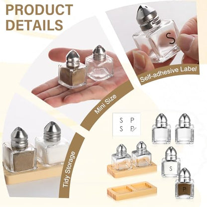 12 Pcs Mini Salt and Pepper Shakers Set with 6 Wood Organizer Sticker 0.5 oz Small Glass Salt and Pepper Shakers Bulk Tiny Individual Salt and Pepper Shakers Cube Spice Jars for Travel Party Camping