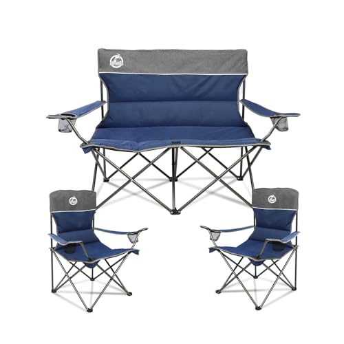 Northroad Outdoor Camping Chair Set of 3,Folding Padded Camp Chair,Collapsible Conversation Set w/1 Sofa,2 Single Chairs for Family Patio,Beach (Blue) - color: Blue, style: no table