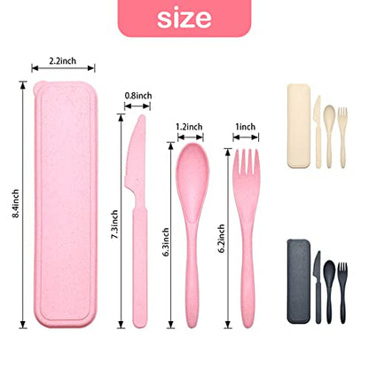 Reusable Travel Utensils Set with Case, 3 Sets Wheat Straw Portable Knife Fork Spoons Cutlery, Eco-Friendly BPA Free Plastic Tableware for Kids Adults Travel Picnic Camping Utensils - color: 3 Sets - Beige, Pink, Black