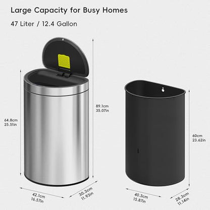 EKO Mirage Semi-Round Motion Sensor Trash Can, 47 Liter / 12.4 Gallon Automatic Large Kitchen Trash Can with Deodorizer Compartment, Removable Lid and Bucket, Matte Stainless Steel - size: Mirage 47L - Stainless Steel