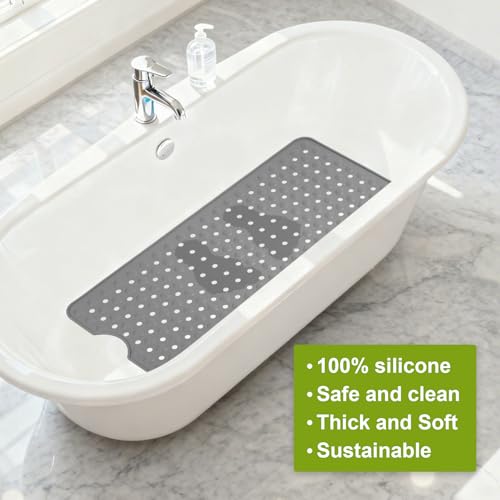 Silicone Bath Tub Mat Non Slip, 36"x16" Shower Foot Scrubber Mat with Drain Holes and Suction Cups, Upgraded Bathtub and Shower Mats, Machine Washable Bathtub Floor Liner Mats for Bathroom (Gray) - color: Gray