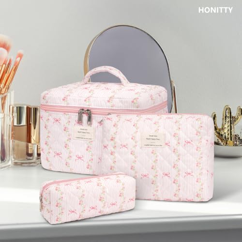 honitty Makeup Bag,Quilted Cosmetic Bags,Large Floral Make Up Organize bag,Makeup Bag Set for Women,Flower Travel Toiletry Bag - color: Striped Bow Tie