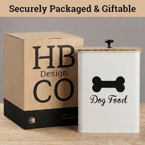 Dog Food Container Airtight 5-7 lb (25 Cup) Capacity - Cute Airtight Dog Food Storage Container with Bamboo Lid & Sturdy Metal Handle - White Metal Kibble Storage Bin for Dogs up to 50 lbs - Pet Jar - color: White
