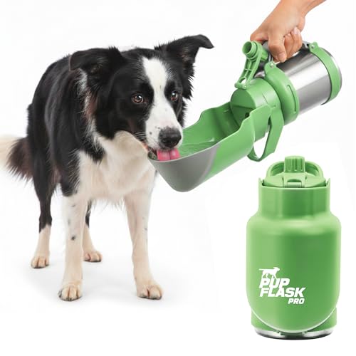 PupFlask Pro Dog Water Bottle | 30 or 50 OZ Double Wall Insulated Stainless Steel | Built-In Flip Cup Bowl | Leak Proof Cap | 24+ Hour Cold Water | Small & Large Dogs | Portable Pet Hydration Bottle - color: Green, size: 30 Ounce