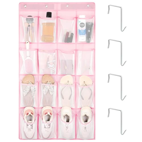 F-color 16-Pocket Hanging Organizer - Over the Door Shoe Organizer, Cruise Essentials for Cabin & RV, Breathable Mesh Storage Pockets, Space Saving Hanging Storage Holder with 4 Sturdy Metal Hooks - color: Pink (M), size: M - 16 Pockets/4 Hooks