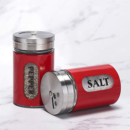 Salt and Pepper Shakers Stainless Steel and Glass Set with Adjustable Pour Holes (Red) - color: Red