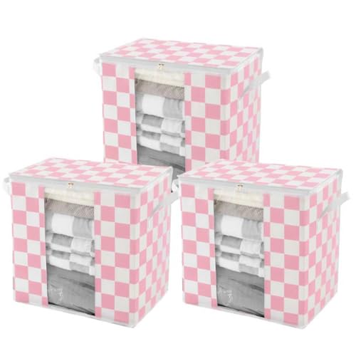 Ohocut Pink Checkered Clothes Storage Bins, 100L Large Blanket Storage Bags 3 Pack, Closet Organizers and Storage Containers for Comforters, Bedding, Foldable Organizer with Handle - color: Pink