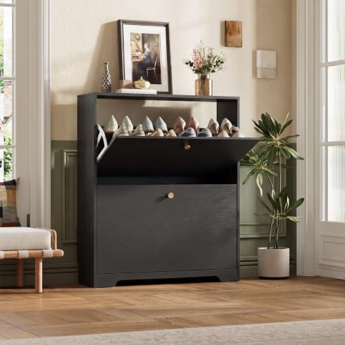 Nicetree Shoe Cabinet with 2 Flip Drawers, Narrow Shoe Organizer Cabinet, Freestanding Shoe Rack Cabinet, Modern Shoe Storage Cabinet for Entryway, Hallway, Foyer, Black - color: Black, style: 2-Drawers