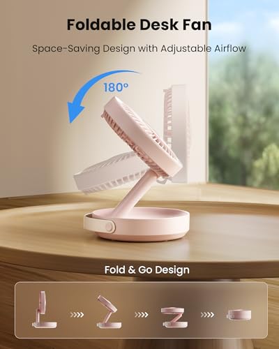 Gaiatop Foldable Small Desk Fan, 6000mAh Battery Powered Portable Fan with LED Night Light, USB Rechargeable, Bedroom Office Dorm Travel Camping Essentials, Cruise Gifts for Women Girls Mom, Pink - color: Pink