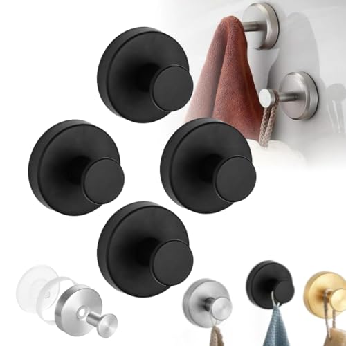 2025 Upgraded No-Drill Hooks, Suction Cup Hooks, Stainless Steel Suction Cup for Shower, Bathroom, Hanging Towels, Mounting on Glass Shower Doors, Tile, Mirrors (Black 4 PCS) - color: Black 4 PCS