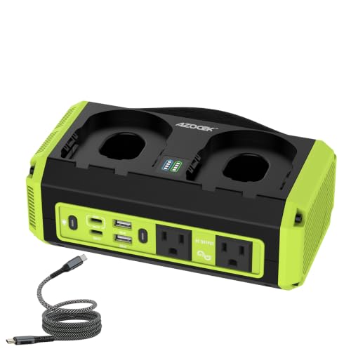 350W Power Inverter Pure Sine Wave Compatible with Ryobi 18V Battery(No Battery), 7A Fast Charger, Portable Power Station with 2 AC Outlets, 2 Type-C (140W/65W), 2 QC USB Ports, 600LM LED - color: Green