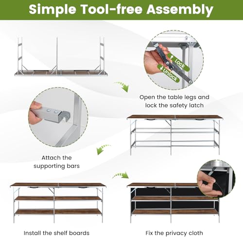COSTWAY 81" Folding Picnic Table, Portable Bar Table with Carry Bag, Lightweight Aluminum Food Prep Station with 2 Shelves, Quick Set-up, BBQ, Party, Backyard, Brown - color: Brown, size: 81"W x 32.5"H