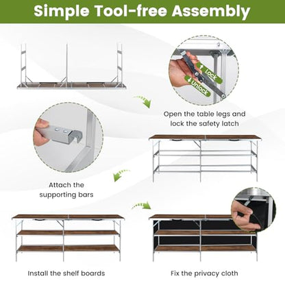 COSTWAY 81" Folding Picnic Table, Portable Bar Table with Carry Bag, Lightweight Aluminum Food Prep Station with 2 Shelves, Quick Set-up, BBQ, Party, Backyard, Brown - color: Brown, size: 81"W x 32.5"H