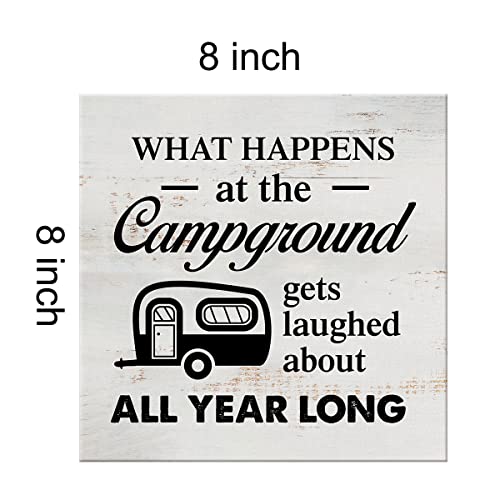 What Happens at the Campground Gets Laughed About Camping Sign Canvas Wall Art Home Decor 8 x 8 Inch RV Camper Canvas Print Painting Framed Plaque Rustic Desk Shelf Artwork