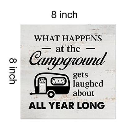 What Happens at the Campground Gets Laughed About Camping Sign Canvas Wall Art Home Decor 8 x 8 Inch RV Camper Canvas Print Painting Framed Plaque Rustic Desk Shelf Artwork