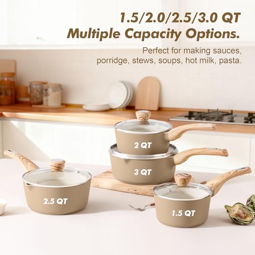 SENSARTE Ceramic Nonstick Sauce Pan with Lid, 1.5 Quart Small Saucepan, Cooking Pot with Stay Cool Handle, Non toxic Kitchen Sauce Pot, Non stick Saucier Pan, Induction Pot, PFOA PTFE PFAS PFOA Free - color: Ceramic Taupe, size: 1.5 Quarts