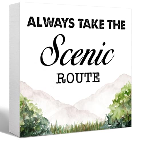 Light Green Always Take the Scenic Route Woodland Backdrop Camping Wood Plaque Sign, Rustic Quote Mountain Landscape Block Desk Decor for Home Camper RV Shelf Table - color: light green