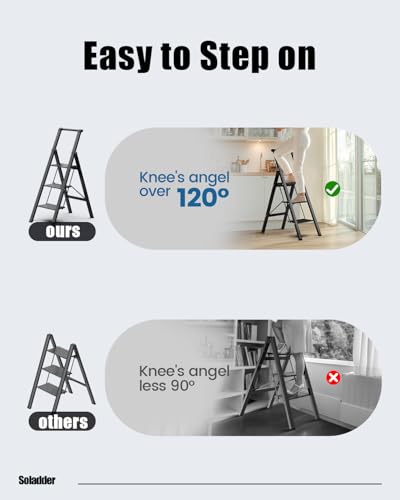 SOLADDER 3 Step Ladder, Slim Folding Steps Stool with Handrail, Iron Foldable Black Ladder with Anti-Slip Wide Pedal, for Home, Kitchen, Office, Garage Use (300 lbs Capacity) - color: Dark Black, size: 3 Step