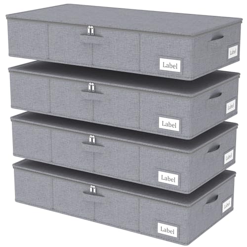 Yawinhe Foldable Underbed Storage Bags, Containers Bin with Lids, Large Under Bed Organizer Box, with Sturdy Zipper und Label Holders, for Clothing, 31.5''Lx15.7''Wx6''H, 4 Pack, Grey - color: Grey, size: 31.5x15.7x6in/4-Pack