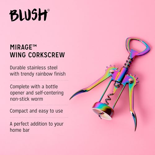 Blush Winged Corkscrew, Iridescent Bottle Opener, Cork Remover, Rainbow Wine Gift Accessory, Mirage, Set of 1 - style: Winged Corkscrew