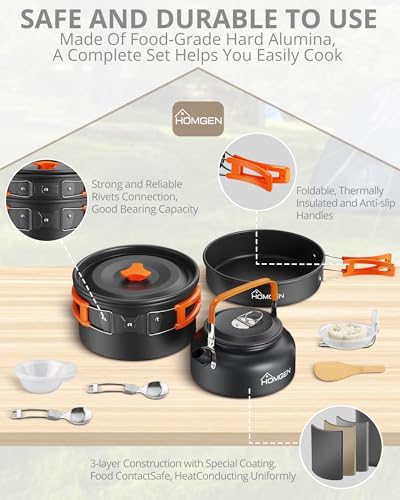 HOMGEN Portable Camp Cooking Set-Ultralight Anodized Aluminum Camping Cookware Set for 2 People with Nesting Non-Stick Frying Pot/Pan-800ml Insulated Teapot etc-Compact Backpacking Gear for Camping