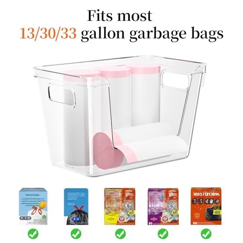 Delamu Acrylic Trash Bag Holder, 3 Pack Stackable Garbage Holder for 4-33 Gallon Bags, Clear Organizer Bins for Under Sink Organization, Pantry Storage, Cabinet, Kitchen, Laundry, Bathroom - size: XL-3 Pack