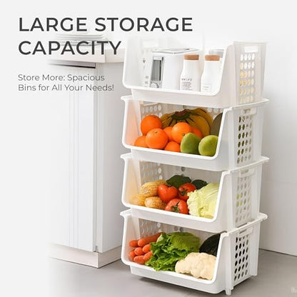 Large Stackable Storage Bins Open Front for Pantry Storage, 4 Pack - White | Sturdy Plastic, Easy Stacking, Open Front Access, Ventilated Sides, Vertical & Space Saving Pantry Organizers and Storage Bin
