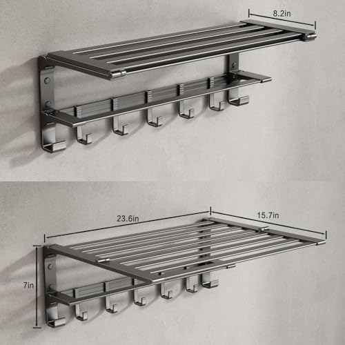 VOLPONE 24 Inch Towel Rack with Towel Bar Holder Foldable Large Towel Shelf with Movable Hooks Rustproof Widened Towel Storage Rack Wall Mount for Bathroom Lavatory Matte Grey - color: Matte Grey