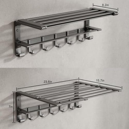 VOLPONE 24 Inch Towel Rack with Towel Bar Holder Foldable Large Towel Shelf with Movable Hooks Rustproof Widened Towel Storage Rack Wall Mount for Bathroom Lavatory Matte Grey - color: Matte Grey