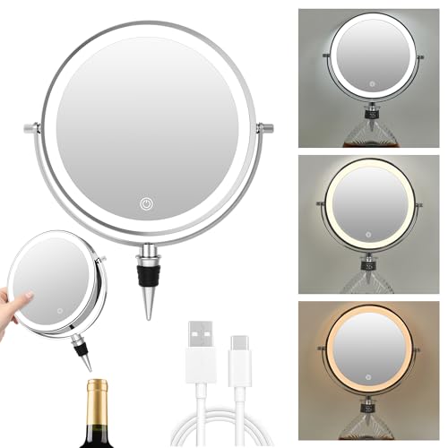 Wine Bottle Makeup Mirror with Light, Rechargeable Makeup Mirror with Light, 3 Color LED Bottle Vanity Mirror Lights, Wine Bottle Vanity Mirror Lighted