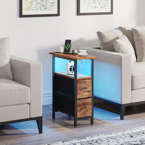TRIFEBLE End Table with Charging Station, Narrow Side Table with 2 Fabric Drawers, Skinny Nightstand with LED Light, Slim Bedside Table for Bedroom, Living Room, Small Spaces, Rustic Brown - color: Rustic Brown