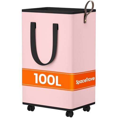 SpaceTrove Laundry Basket with Wheels, Collapsible Laundry Baskets, Laundry Hamper with Handles Detachable Wheels, Rolling Laundry Basket, Dirty Clothes Hamper for Bathroom, Dorm, Bedroom, Pink, 100L - color: Pink, size: 100L