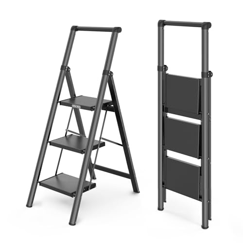 WOA WOA 3 Step Ladder, Ladders for Home, Anti-Slip Pedals, Aluminum Step Stool Foldable, Lightweight to Move, Ease of Storage, Reach 8ft for Closet Kitchen Library, Hold 300lbs - Black - color: Black, size: 3 Step