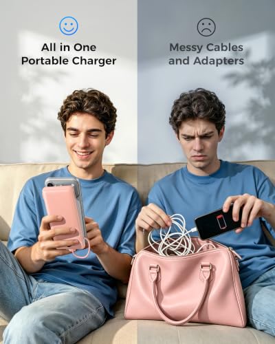 VEGER Portable Charger with Built-in AC Plug and Cables, All in One 10000mAh Ultra Slim Power Bank Travel Essentials, USB C External Battery Pack Compatible with iPhone, Samsung, More, Dark Pink - color: F Dark Pink