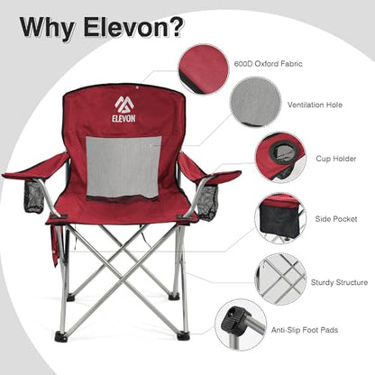 Elevon Camping Chair, Portable Folding Outdoor Chair with Arms, Cup Holder and Carry Bag - color: Burgundy-2 Pack