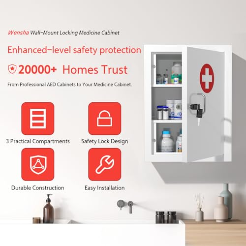 Locking Medicine Cabinet Wall-Mount: Storage Cabinet with Lock & Key - White Metal First Aid Kits for Family Safety and Childproofing - color: Matte White