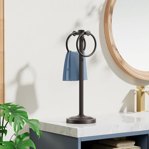 Hoimpro 17" Matte Black Stainless Steel Standing Towel Rack Double Towel Ring Hand Towel Stand Holder, Bathroom Accessories Set Hardware Towel Bar Hanger for Bathroom Vanity and Kitchen Countertops - color: Matte Black