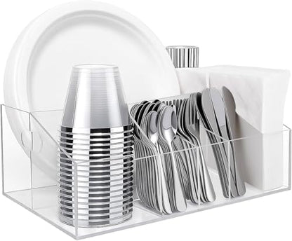 Acrylic Paper Plate Organizer and Dispenser – Extra Capacity Plate and Utensil Caddy for Plates, Cups, Napkins and Cutlery, Ideal for Kitchen, Parties, Picnics, Weddings, and Outdoor Events - size: Extra Capacity(13 x 8.66 Inch)