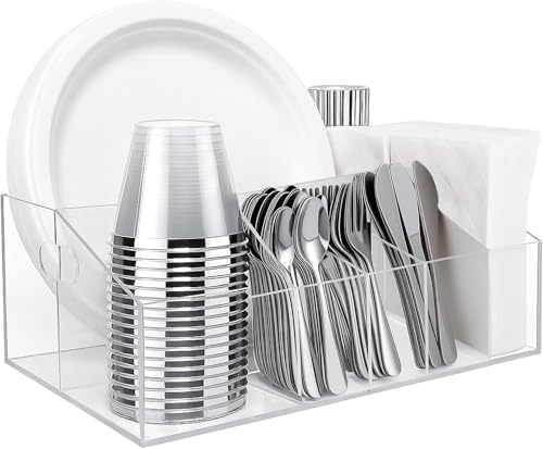 Acrylic Paper Plate Organizer and Dispenser – Extra Capacity Plate and Utensil Caddy for Plates, Cups, Napkins and Cutlery, Ideal for Kitchen, Parties, Picnics, Weddings, and Outdoor Events - size: Extra Capacity(13 x 8.66 Inch)