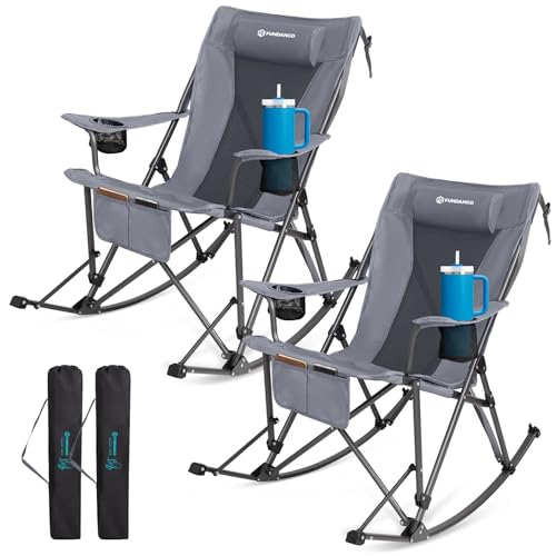 FUNDANGO Oversized Rocking Camping Chair for Adults, 2 Pack Portable Folding Lawn Chairs for Outside with Pillows, Wide Armrest, 2 Cup Holders, Carry Bag for Patio Garden Outdoor Supports 400Lbs(Gery) - color: Grey Rockease-2 Pack